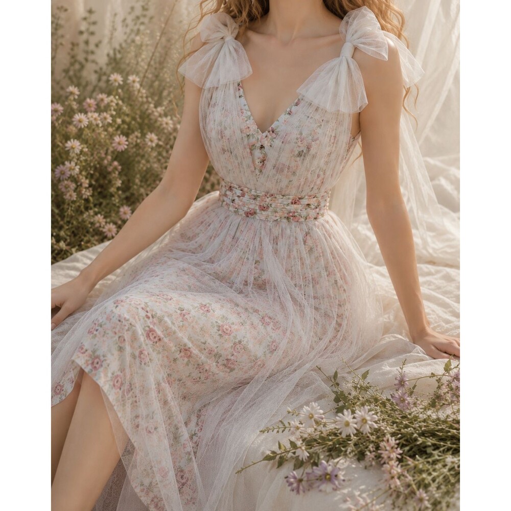 Floral Tulle Dress XL Bow Shoulder Coquette Cottagecore Fairycore Romantic Midi